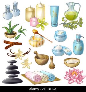 Spa salon decorative icons set with candles cosmetics olive oil sea salt stones honey isolated vector illustration Stock Vector