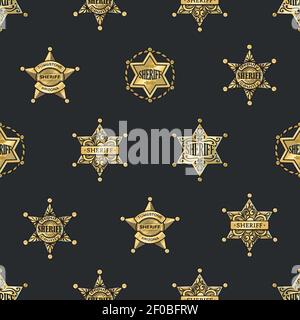 Sheriff badges seamless pattern with golden shiny five and six rays stars on black background vector illustration Stock Vector