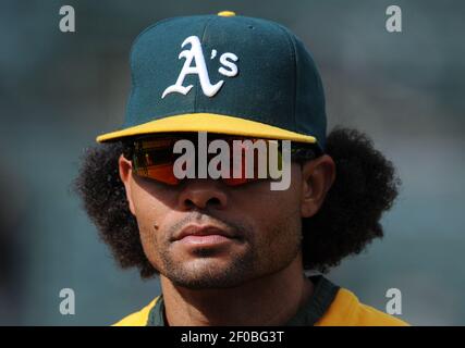 Oakland Athletics' Coco Crisp walks on the field during the first baseball  game of a doubleheader against the Baltimore Orioles in Baltimore,  Saturday, May 7, 2016. (AP Photo/Patrick Semansky Stock Photo - Alamy