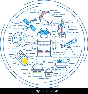 Space universe concept in line style with a few isolated icon in one big circle vector illustration Stock Vector