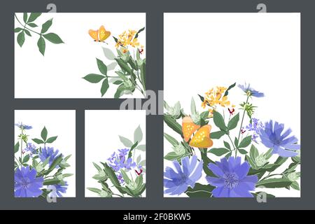 Art floral greeting and business cards. Vector cards with blue chicory, yellow butterflies. Stock Vector