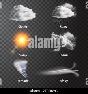 Realistic set weather icon set with cloudy sunny storm rainy windy descriptions vector illustration Stock Vector