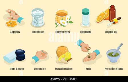 Isometric alternative medicine elements set with aritherapy hirudotherapy herbs homeopathy oils stone massage acupuncture ayurvedic treatment isolated Stock Vector