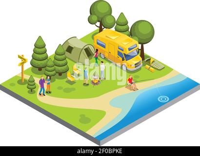 Isometric camping concept with people cooking food walking fishing tent travel bus chairs sleeping bags trees river isolated vector illustration Stock Vector