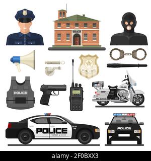 Flat isolated and colored police icon set with law enforcement officers and their means of transportation vector illustration Stock Vector