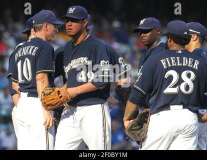 Milwaukee Brewers starting pitcher CC Sabathia catches a ball during the  sixth inning of a baseball game Tuesday, July 8, 2008, in Milwaukee. (AP  Photo/Morry Gash Stock Photo - Alamy