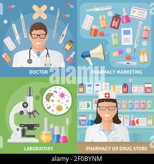 Medicine icon set with descriptions of doctor pharmacy marketing laboratory and pharmacy and drug store vector illustration Stock Vector