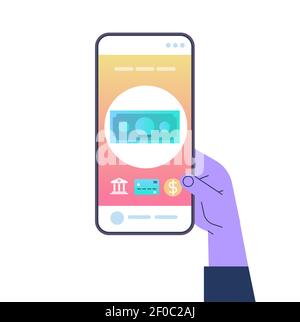 human hand using mobile banking app on smartphone screen internet store online shop web buying or paying secure payment concept isolated vector illustration Stock Vector