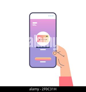 human hand using mobile banking app with credit card on smartphone screen internet store online shop web buying or paying secure payment concept isolated vector illustration Stock Vector