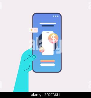 human hand using mobile banking app on smartphone screen internet store online shop web buying or paying secure payment concept isolated vector illustration Stock Vector