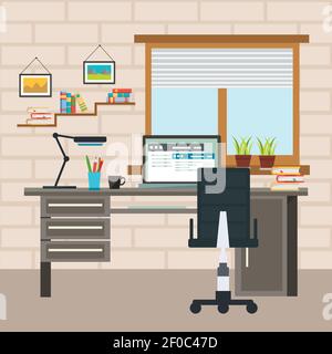 Designer colored working place composition with work desk and chancellery of required vector illustration Stock Vector