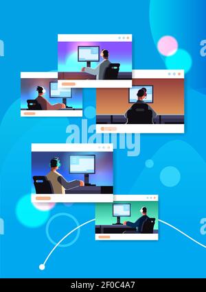 set virtual gamers playing online video games on computers e-sport competition tournament concept guys in headphones sitting in front of monitors portrait vertical vector illustration Stock Vector