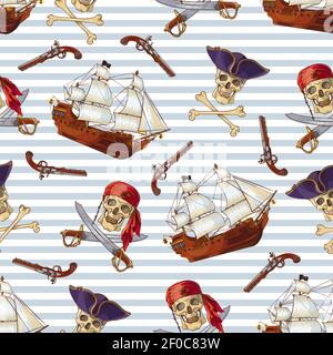 Pirates seamless pattern with jolly roger sailboat guns sabers on blue white horizontal striped background vector illustration Stock Vector