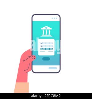 human hand using mobile banking app on smartphone screen internet store online shop web buying or paying secure payment concept isolated vector illustration Stock Vector