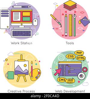 Four isolated round web design line icon set on work station tools creative process and web development themes vector illustration Stock Vector
