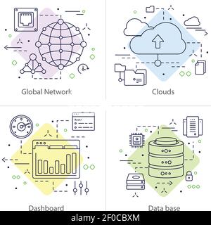 Four colored square datacenter icon set with descriptions of global network clouds dashboard and data base vector illustration Stock Vector
