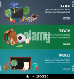 Three horizontal colored education banners set on elearning education and tutorials themes vector illustration Stock Vector