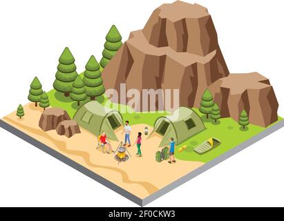 Isometric mountain camping template with tourists food cooking tents mat sleeping bag lantern trees isolated vector illustration Stock Vector