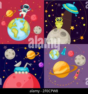 Four square space icon set on four different cosmic themes with ufo rover robot rocket and astronauts vector illustration Stock Vector