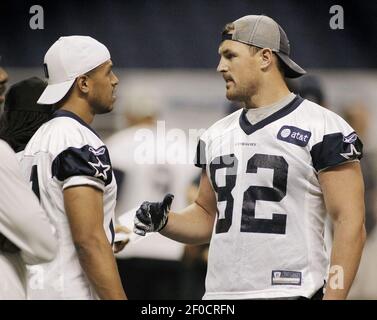 Dallas Cowboyts tight end Jason Witten (82) talks with quarterback Tony Romo  (9) during Cowboys training camp at the Alamo Dome in San Antonio, Texas,  Friday, July 29, 2011. (Photo by Paul