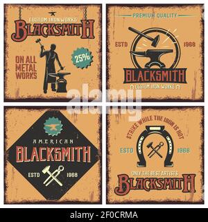 Blacksmith retro icon set with descriptions of on all metal works premium quality and strike while the iron is hot vector illustration Stock Vector