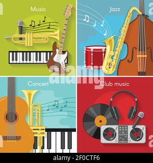 Four square flat music icon set on music jazz concert and club music themes vector illustration Stock Vector