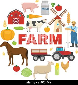 Farm round design with fruit vegetables rural animals barn windmill tractor on white background vector illustration Stock Vector