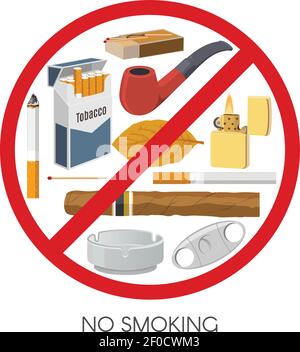 No smoking sign design with tobacco products and accessories inside red prohibitive symbol vector illustration Stock Vector