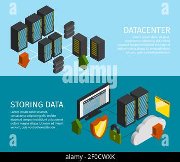 Two horizontal datacenter banner set with descriptions of storing data and datacenter vector illustration Stock Vector