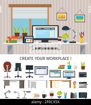 Create interior workplace concept with isolated icon set at the bottom on workplace design theme vector illustration Stock Vector
