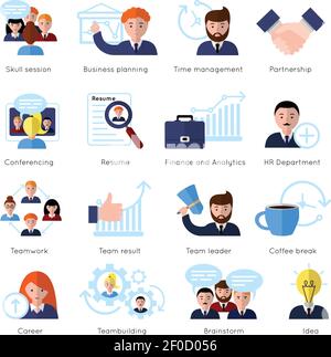 Teamwork flat icon set with people at work and skull session business planning conferencing and ext vector illustration Stock Vector