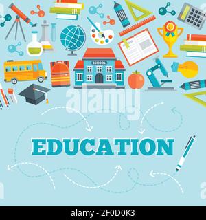 Education flat design with school building learning tools bus and inscription below on blue background vector illustration Stock Vector