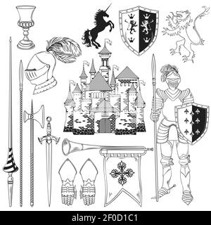 Knight monochrome icons set with heraldic animals flag shield sword armour castle horn isolated vector illustration Stock Vector