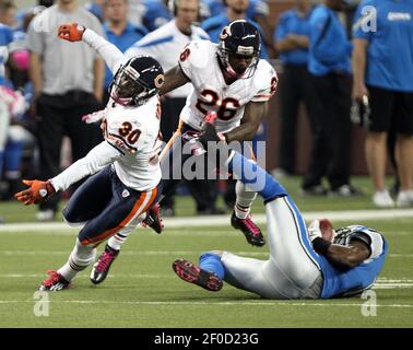 Detroit Lions defensive back D.J. Hayden (31) celebrates a touchdown with  strong safety Tavon Wilson (32) and defensive end Jeremiah Valoaga (78)  after recovering a fumble by Chicago Bears quarterback Mitchell Trubisky