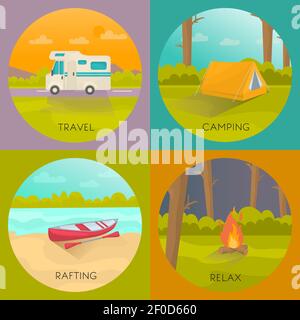 Tourist campings concept with house trailer tent in forest boat on beach night bonfire isolated vector illustration Stock Vector