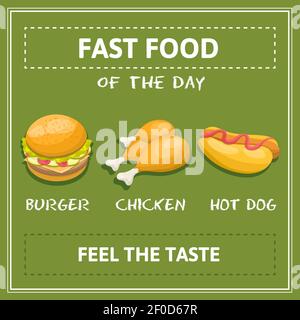 Fast food poster with chicken hot dog burger white chalk inscriptions on green background vector illustration Stock Vector