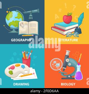 Colorful school square concept with geography literature drawing biology elements and objects vector illustration Stock Vector