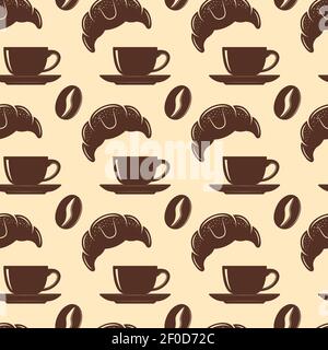 Coffee seamless background pattern with isolated brown silhouettes of coffee and croissant vector illustration Stock Vector