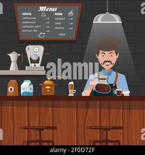 Barista at work design with mustached man pouring coffee in cup behind wooden bar counter vector illustration Stock Vector