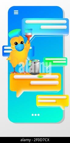 cute chick in mask holding brush happy easter spring holiday celebration coronavirus quarantine concept vertical vector illustration Stock Vector