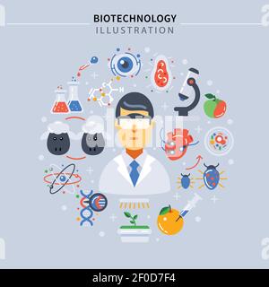 Biotechnology colored composition with science icon set around scientist on gray background vector illustration Stock Vector