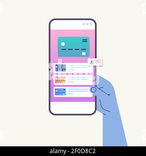 human hand using mobile banking app with credit card on smartphone screen internet store online shop web buying or paying secure payment concept isolated vector illustration Stock Vector