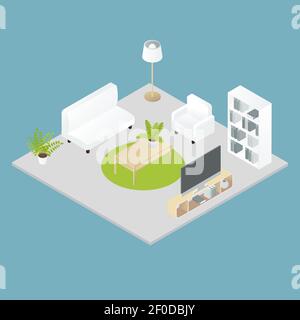 Isometric home interior design with soft furniture bookcase plant on grey floor on blue background vector illustration Stock Vector
