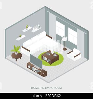 Isometric sitting room with white sofa brown table two windows curtains wall shelves grey parquet  vector illustration Stock Vector