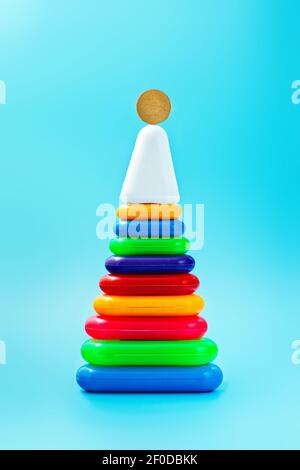 Bitcoin pyramid. Bitcoin concept on childrens toy pyramid Stock Photo