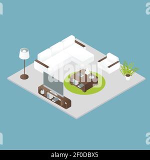 Isometric interior design of white soft furniture round green carpet grey floor on blue background vector illustration Stock Vector