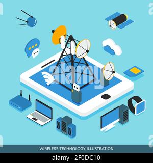 Wireless technology isometric design with tablet computer network tower  communication satellites gadgets on blue background vector illustration Stock Vector
