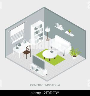 Isometric home interior of sofa bookcase tables grey walls and floor green carpet window tv vector illustration Stock Vector