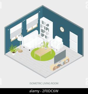 Isometric living room with white and beige furniture round carpet grey parquet floor blue walls vector illustration Stock Vector