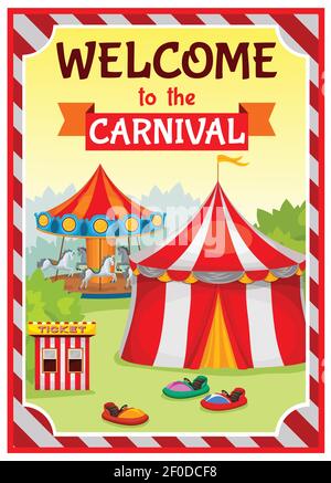 Amusement park poster with circus tent and carousel on natural landscape background with striped substrate vector illustration Stock Vector